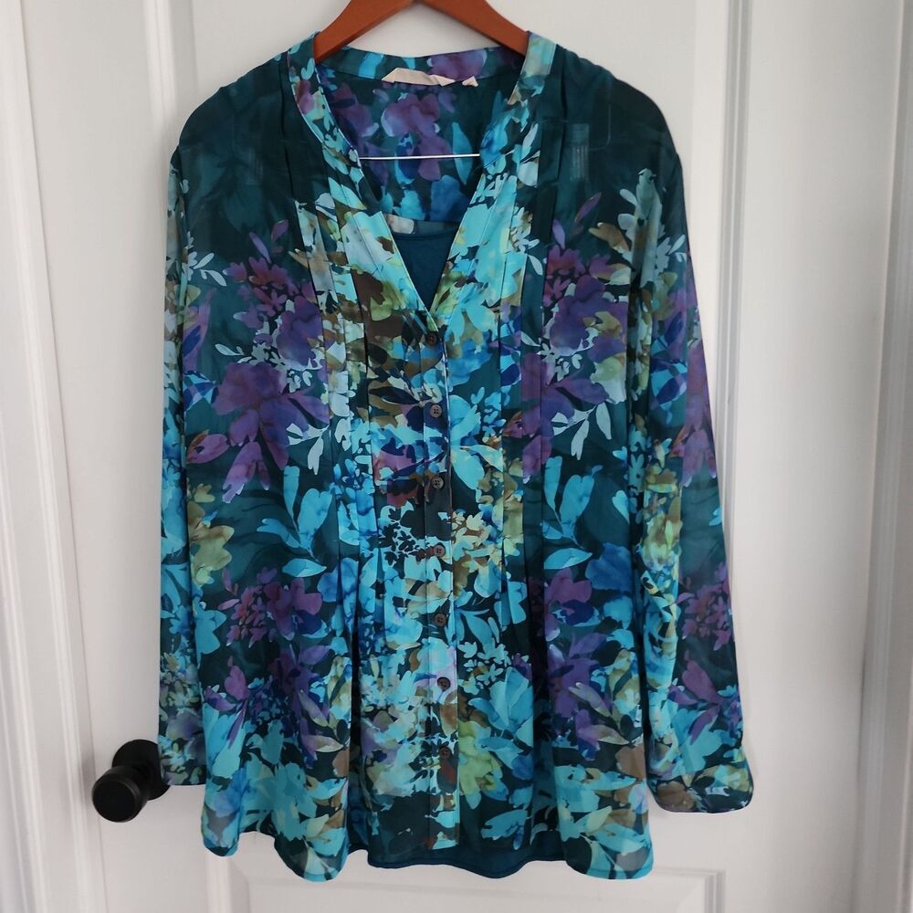 Soft Surroundings Sheer Button Blouse & Tank Womens 1X Blue Floral Fairy Boho